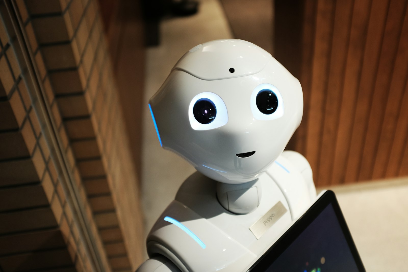 White humanoid robot looking at a screen