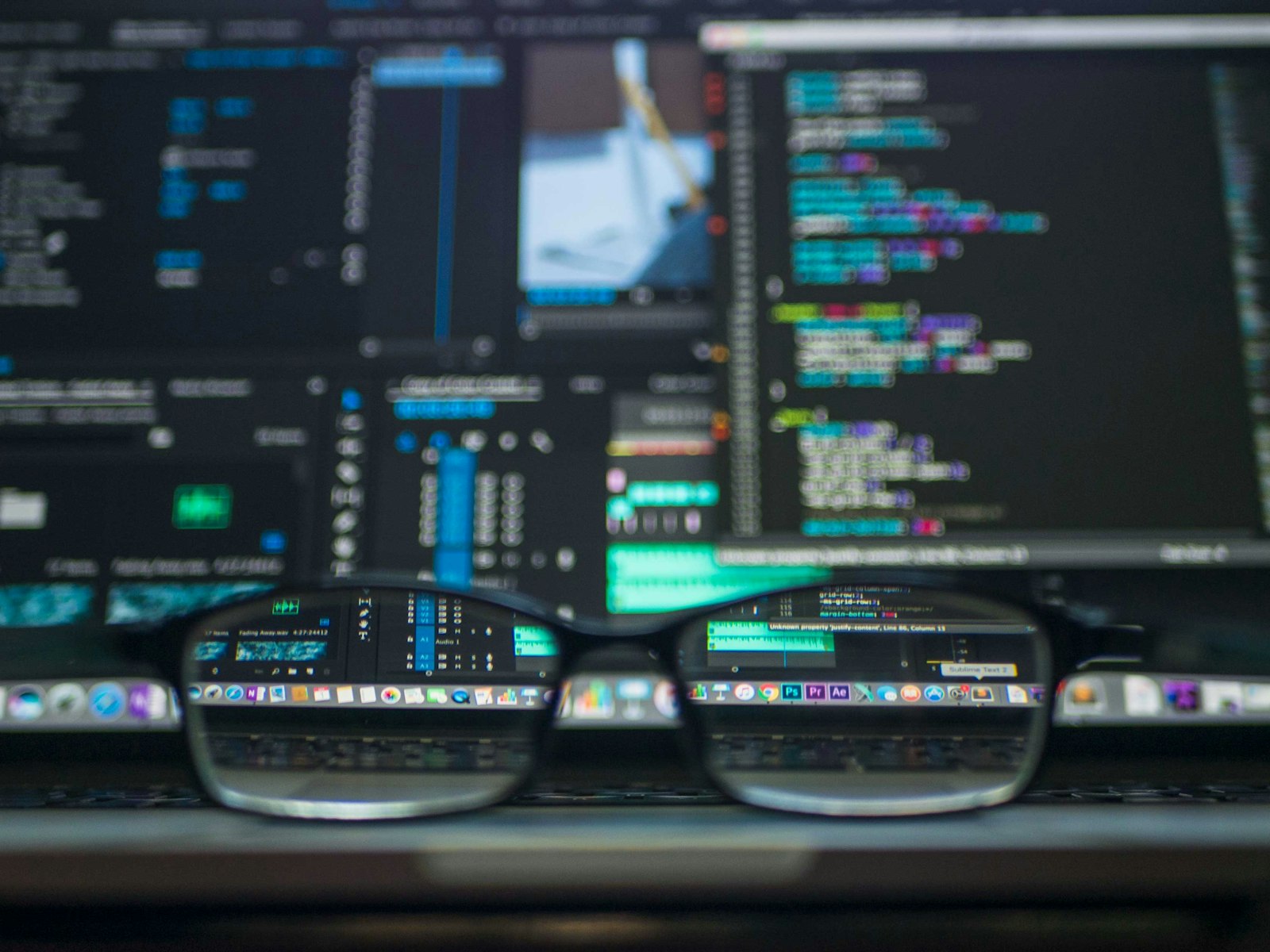 Eyeglasses in front of monitors filled with code